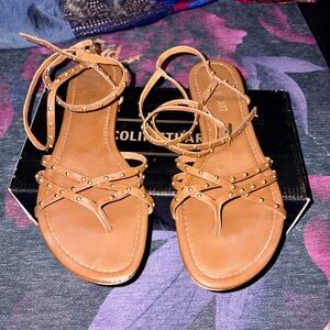 Colin Stuart Tan Sandals with Gold Studs